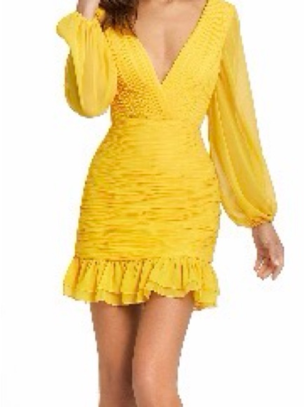 Mac Duggal Bright Yellow V-Neck Ruched Mini Dress